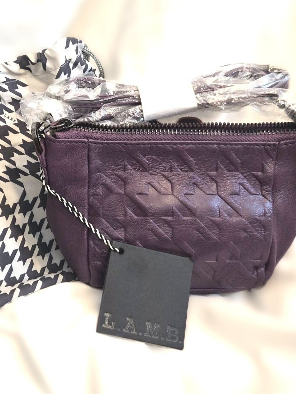 L.A.M.B. Purple Embossed Houndstooth Leather Crossbody